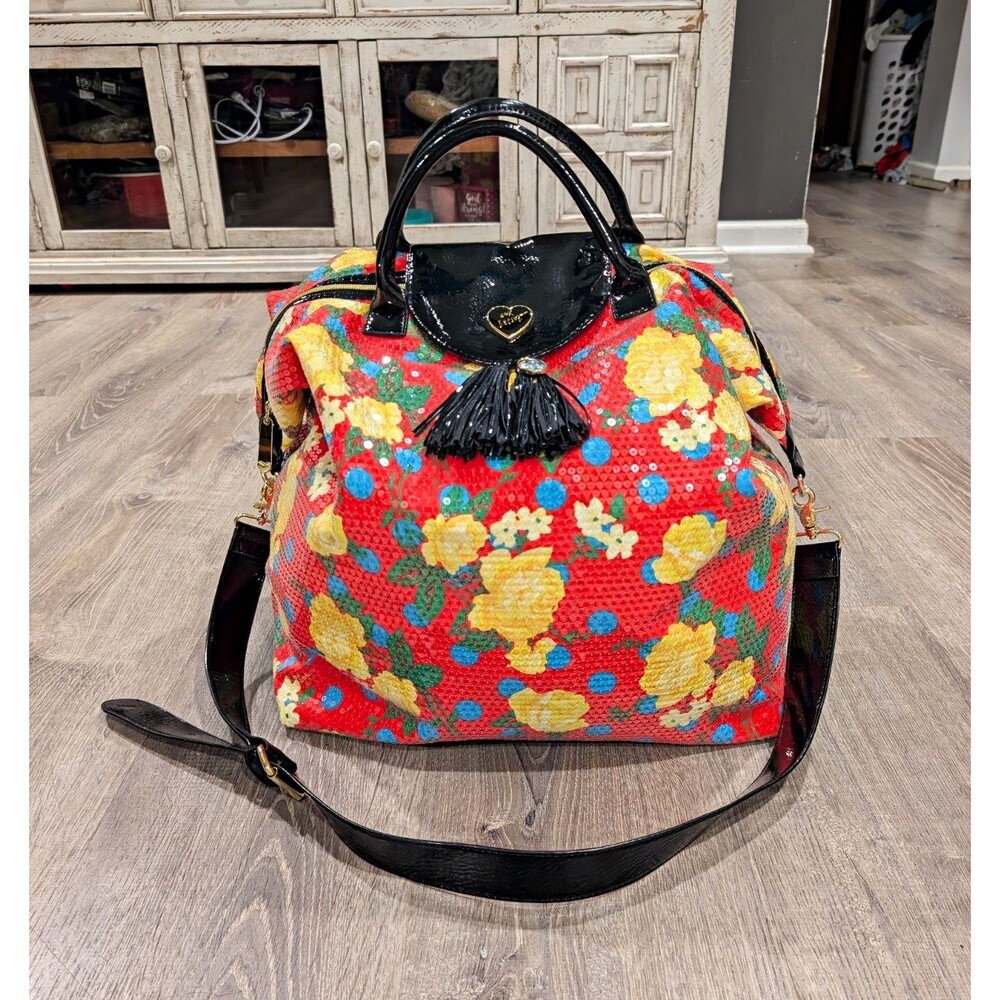 Betsey Johnson Sequin Rose Floral Weekender Duffle Bag Large Overnight Luggage